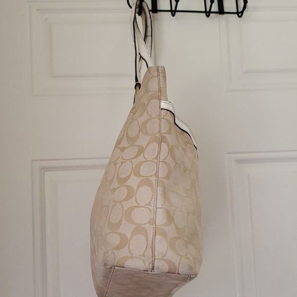 12CM COACH SHOULDER TOTE BAG KHAKI IVORY SIGNATURE JACQUARD HANDBAG PURSE WOMENS - Picture 4 of 13